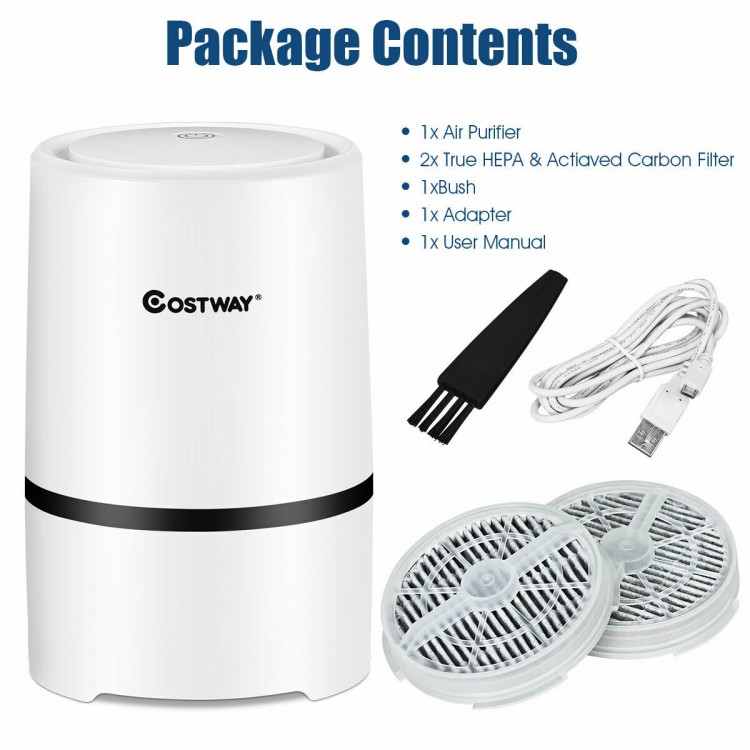 Mini Ionic 3-in-1 Composite HEPA Air Purifier with USB cable, two filters, and nightlight function for cleaner air.