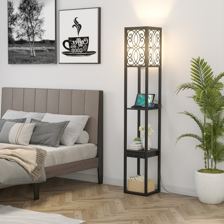 Modern standing shelf lamp with 1 power outlet, 2 USB ports, and 3 open shelves for convenient charging and storage.
