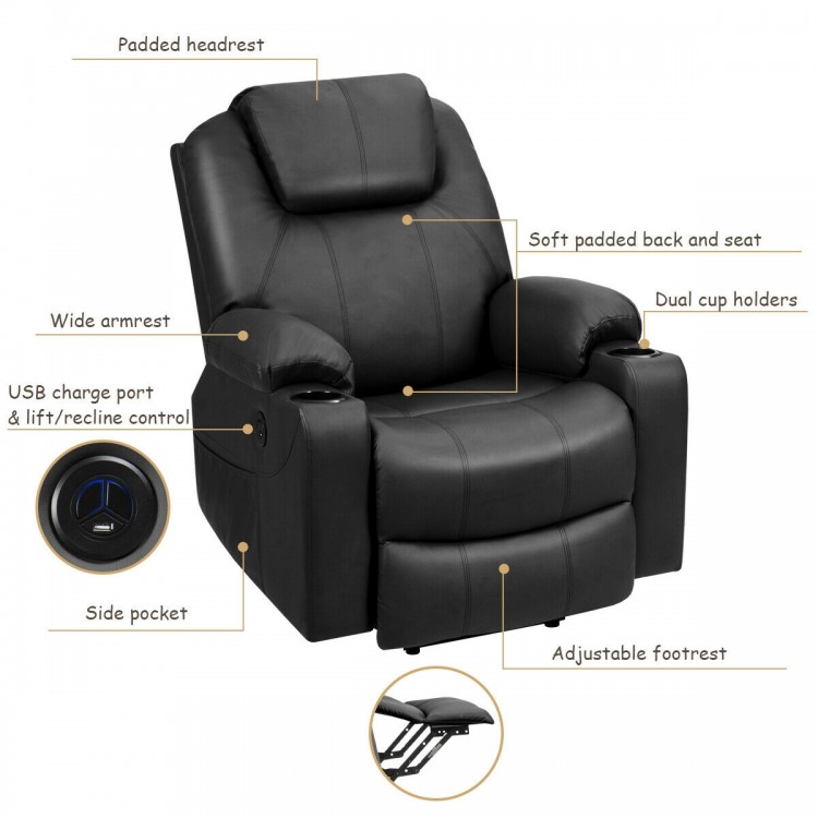 Electric power lift recliner chair in black with padded headrest, dual cup holders, and USB charging port for ultimate.