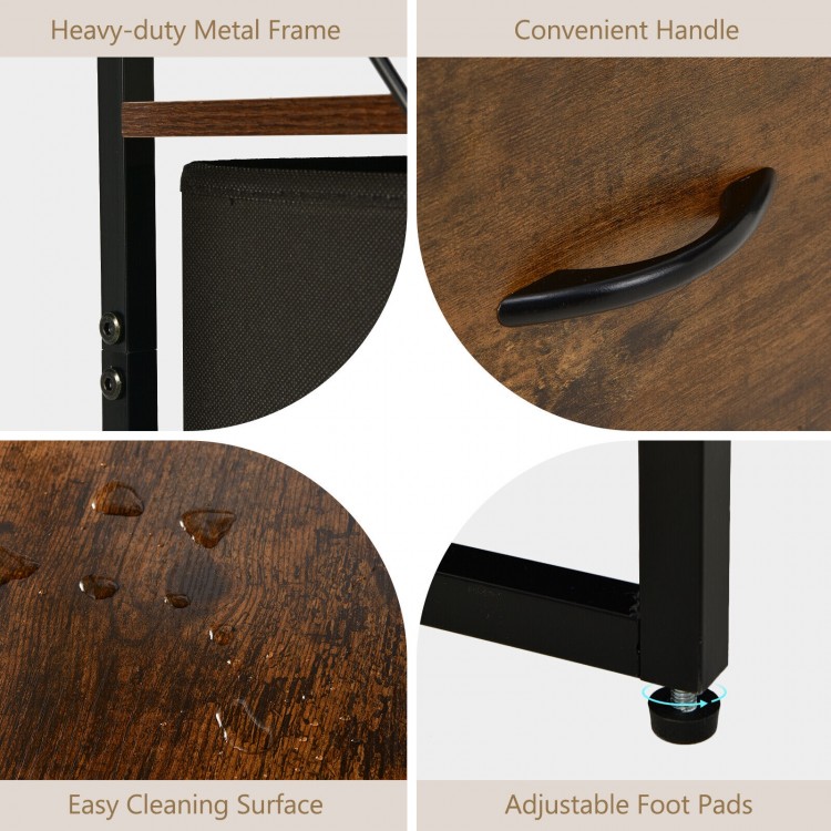 Close-up of the freestanding vertical dresser's heavy-duty metal frame, convenient handle, and adjustable foot pads in.