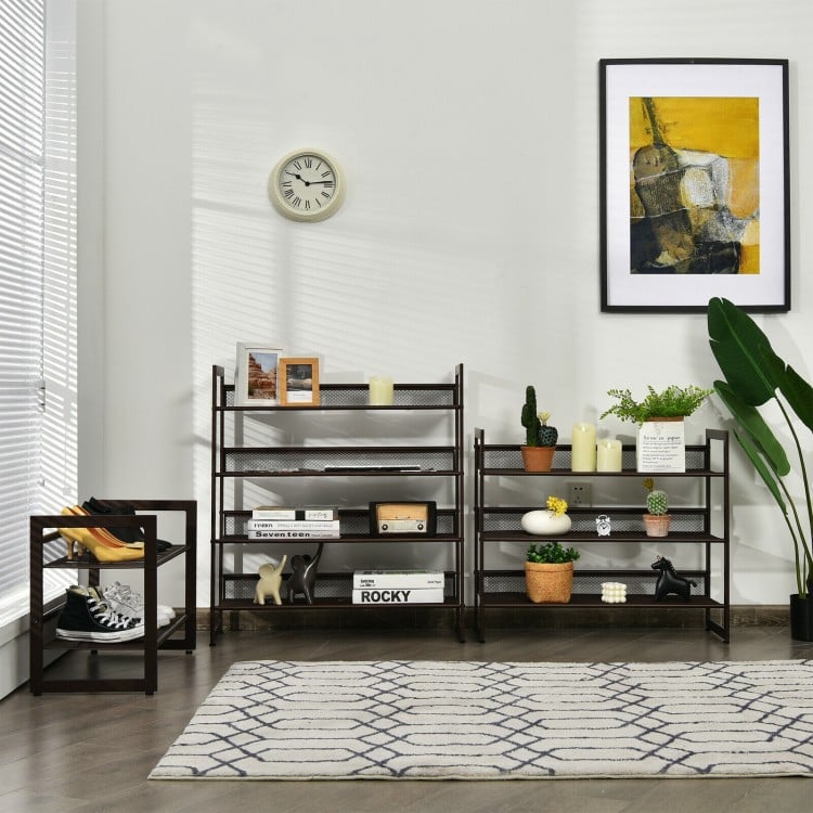 4-tier metal shoe rack with angled and flat shelves, perfect for entryways and maximizing shoe storage.