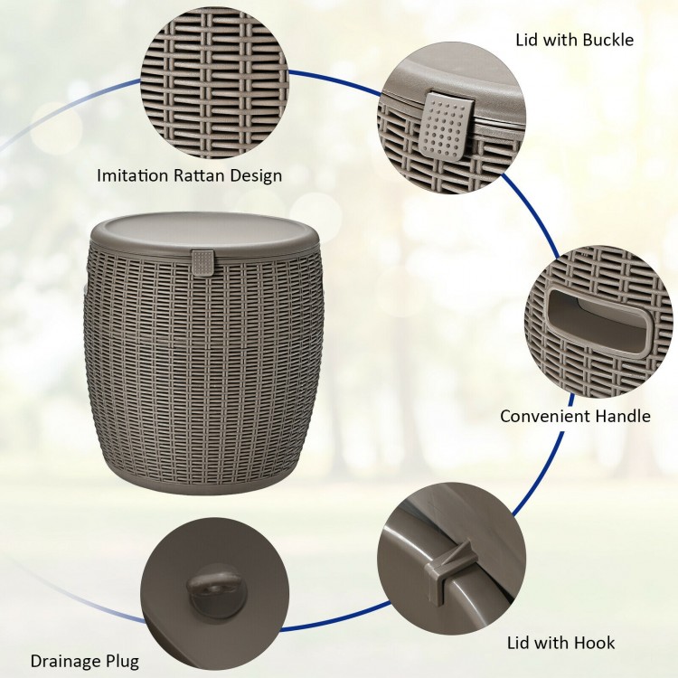 Brown 9.5-gallon patio rattan cool bar with lid, convenient handles, and drainage plug for versatile outdoor use.