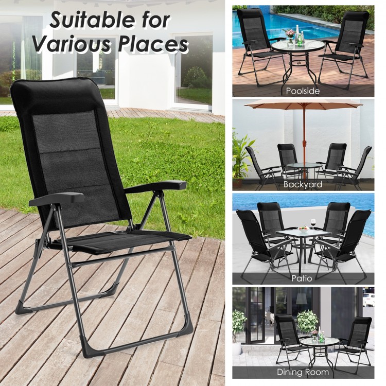 Black portable patio folding dining chair with adjustable headrest, perfect for outdoor use and easy storage.