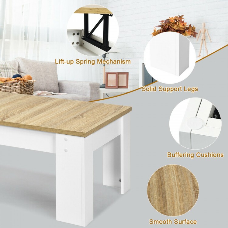 Lift-top coffee table in white with a smooth surface, hidden storage, and sturdy MDF construction for versatile use.