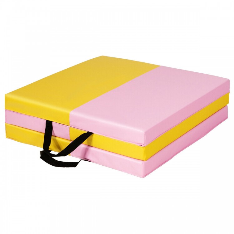 3-fold gymnastics tumbling mat in pink and yellow, made of durable PU leather and high-density foam, ideal for training.