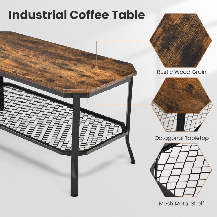 Octagonal tabletop with rustic wood grain and metal mesh shelf, ideal for living room storage and display.