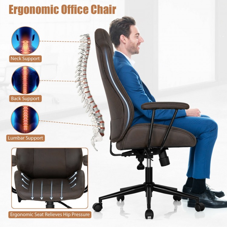 Ergonomic brown office chair with adjustable height, lumbar support, and plump armrests for comfortable sitting.