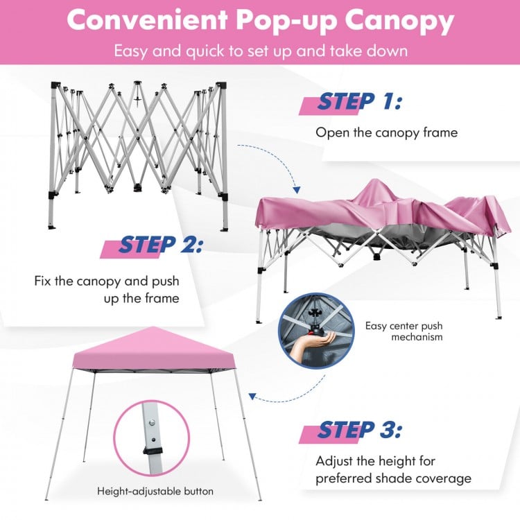 10x10 feet pink outdoor instant pop-up canopy with adjustable height, ideal for parties, camping, and picnics.