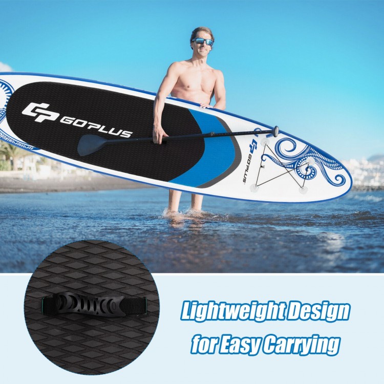 Inflatable paddle board with adjustable paddle and carry handles, designed for easy transport and stability on water.