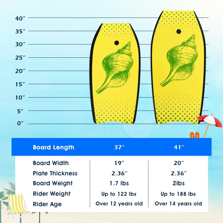 Bodyboard size chart showing 37" and 41" options with specifications for lightweight surfing and safety features.