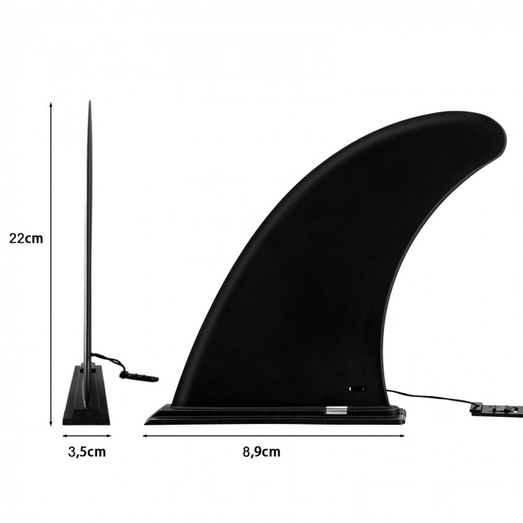 Detachable 9-inch black surf fin made of fiberglass-reinforced nylon, designed for longboards and paddle boards.