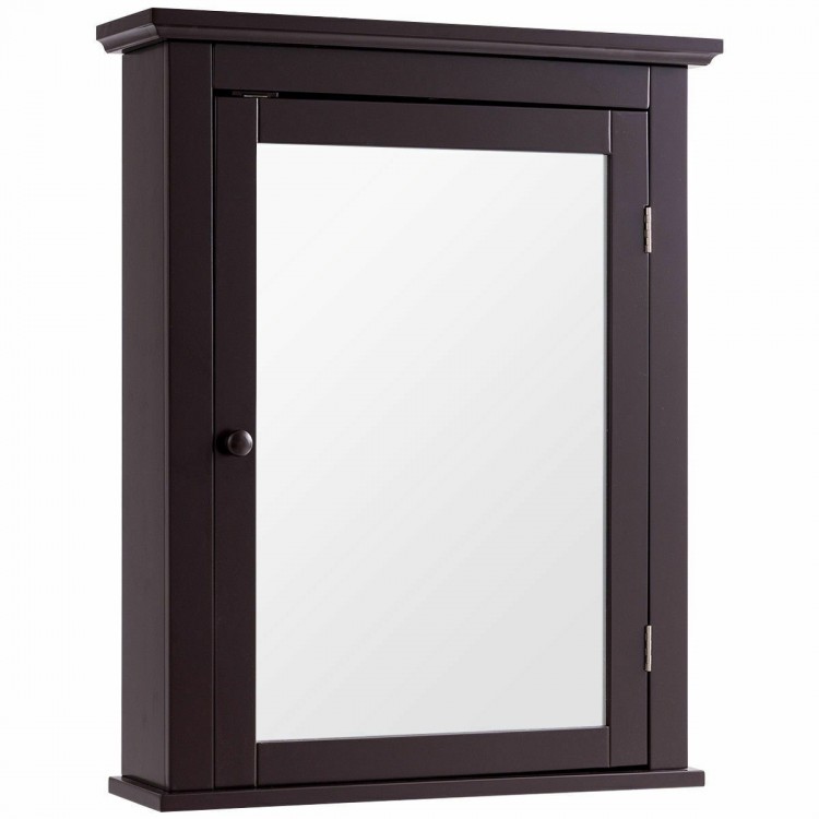 Wall-mounted brown mirror medicine cabinet with 2-tier storage, ideal for organizing bathroom essentials and saving.