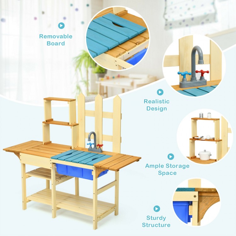 Kid's outdoor wooden pretend cook kitchen playset with removable blue board, sturdy fir wood, and ample storage space.