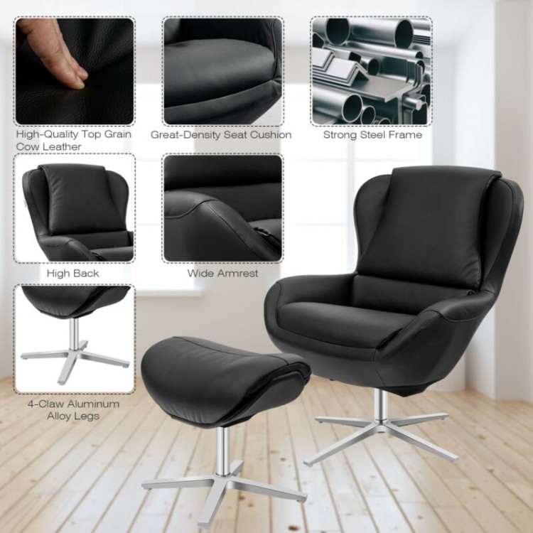 Black 360° swivel leather lounge chair with ottoman, featuring a high back, wide armrests, and aluminum alloy base for.