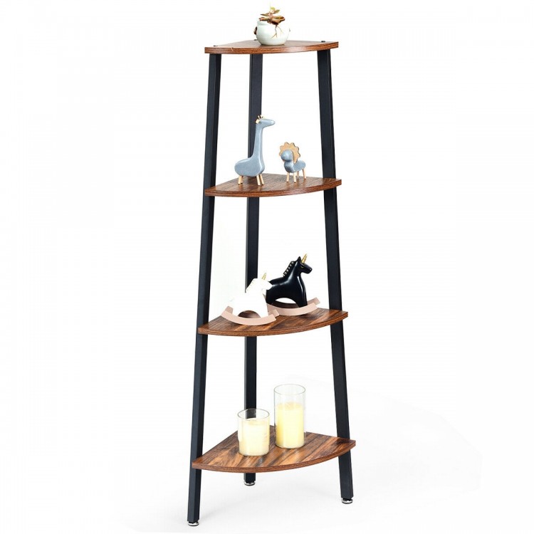 4-tier corner shelf with brown particle board and metal frame, ideal for compact spaces in living rooms or studies.