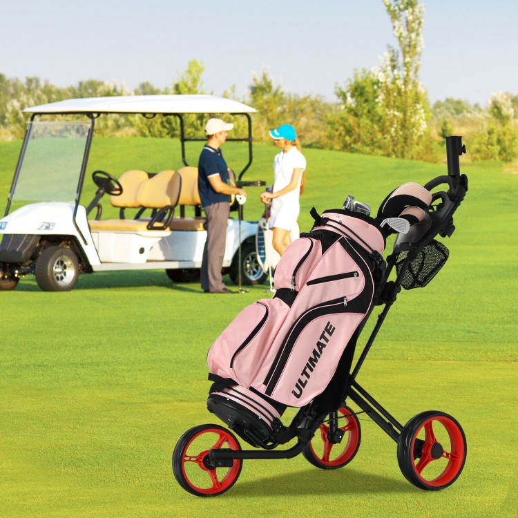 Folding 3-wheel golf push cart in pink with adjustable handle and brake, ideal for easy maneuvering on the course.