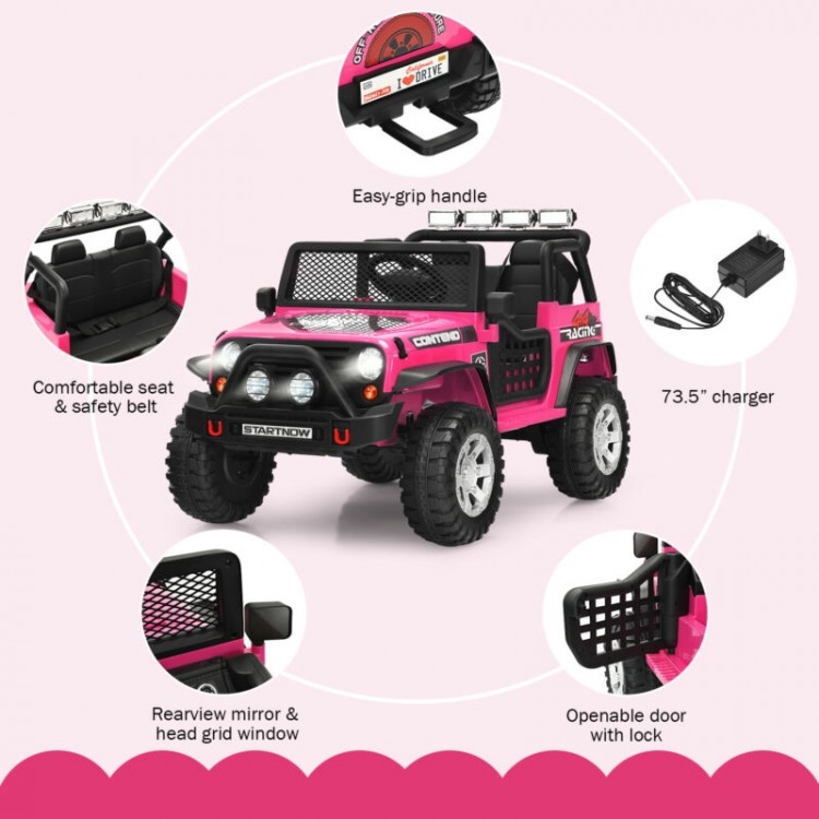 Kids electric ride-on truck in pink with comfortable seat, safety belt, and remote control for safe outdoor fun.
