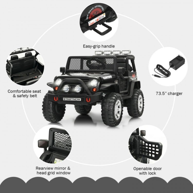 Kids electric ride-on truck in black with remote control, safety belt, and openable door for a fun and safe ride.