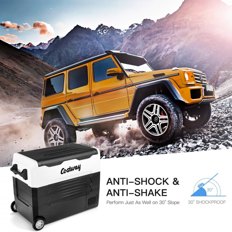 Portable 58-quart car refrigerator with wheels, dual-zone design, and anti-shock features for camping and travel.