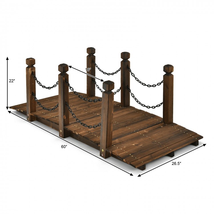 5-foot wooden garden bridge with safety rails, stained finish, durable fir, ideal for outdoor decoration and walkways.