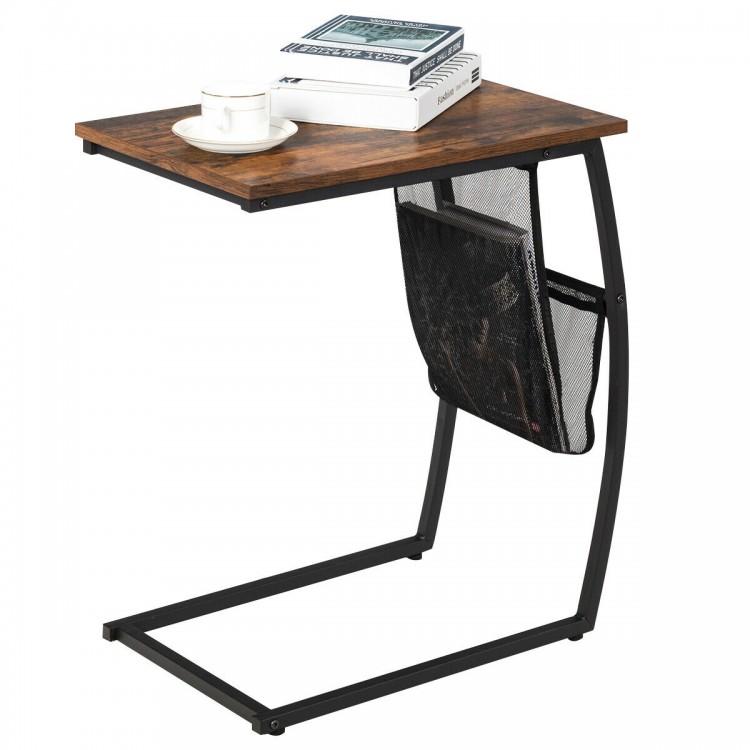 C-shaped vintage end table with side pocket, engineered wood top, and metal frame, ideal for living room or bedside use.