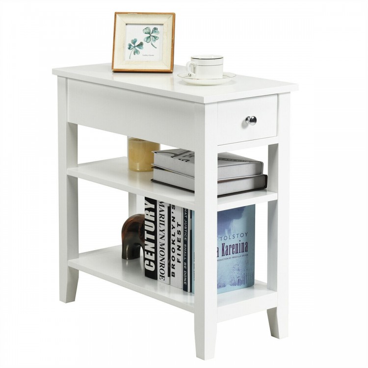 White 3-tier nightstand featuring a smooth surface, ideal for holding coffee mugs and books in compact spaces.