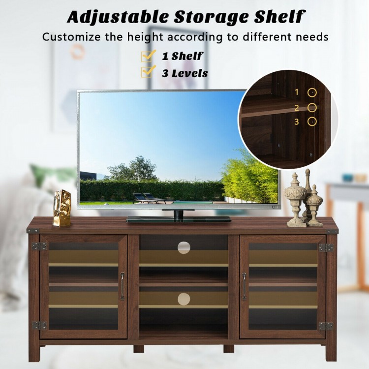 Walnut TV stand with adjustable storage shelves, 2 cabinets, and space for up to 65" TVs, perfect for any living space.