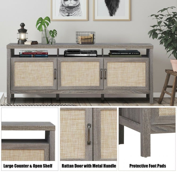 Universal TV stand in gray with rattan doors, open shelf, and solid wood legs for TVs up to 65 inches, ideal for.