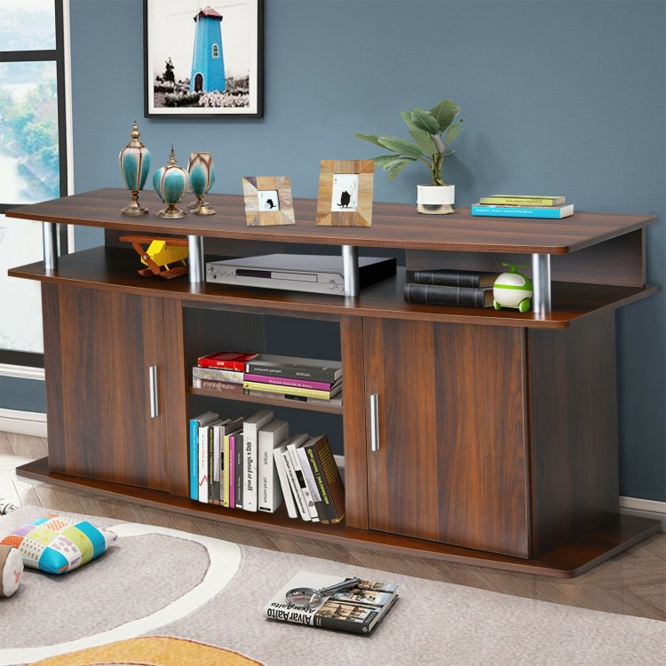 Walnut TV entertainment console featuring open shelves and 2 cabinets, ideal for media storage and stylish living room.