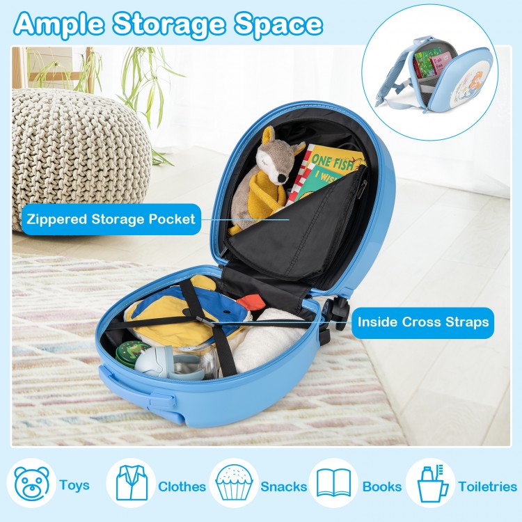 Kids luggage set showing ample storage space with zippered pocket and cross straps for toys, clothes, and toiletries.