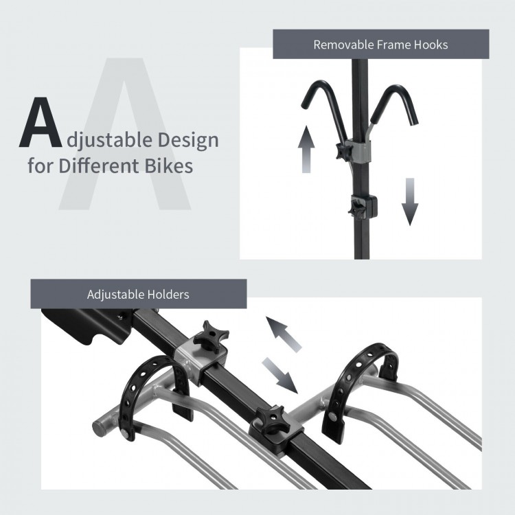 Adjustable design of the 2-bike hitch mount bike rack with removable tire holders and foam-padded hooks for secure.