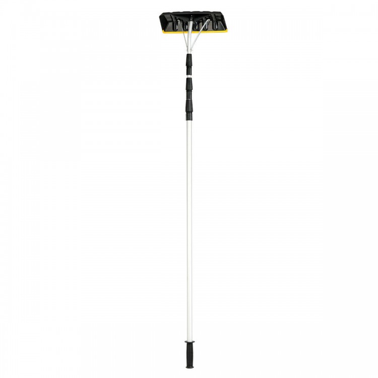 Telescoping snow roof rake with large blade, adjustable length, and non-slip handle for easy snow removal from roofs.