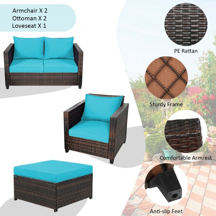 5-piece patio furniture set featuring a turquoise cushioned loveseat, armchairs, and ottomans for outdoor relaxation.