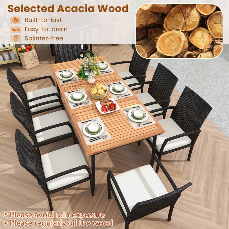 9-piece patio dining set featuring selected Acacia wood tabletop and 8 rattan-woven chairs with cushions for outdoor.