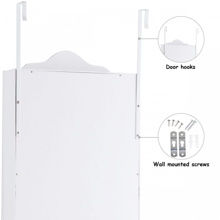 Wall-mounted jewelry armoire with door hooks, featuring a full-size mirror and organized storage for earrings.