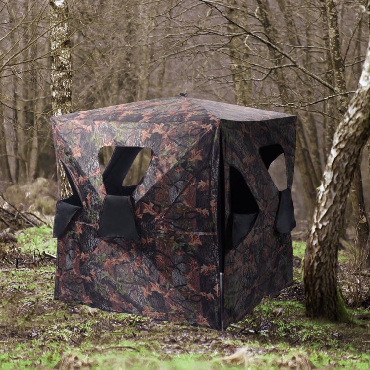 Portable deer hunting blind in camo pattern with shoot-through windows for 360° visibility, ideal for 2-3 hunters.
