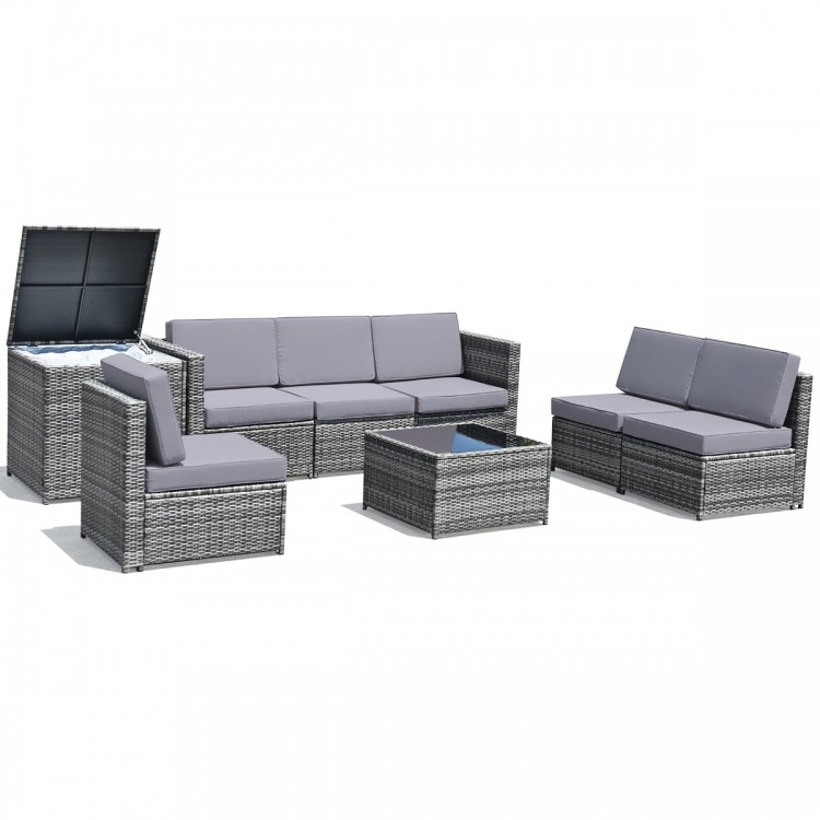 8-piece gray wicker sofa set with storage table, cushions, and durable rattan, perfect for indoor and outdoor use.