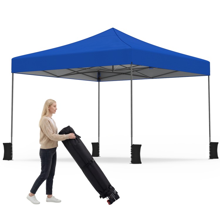 Blue 9.5 x 9.5 feet pop-up canopy tent with adjustable heights, featuring a sturdy frame and easy transport wheels.