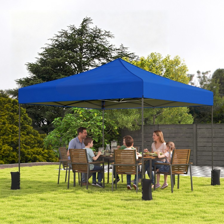 Pop-up canopy tent in blue, 9.5 x 9.5 feet, providing UPF50+ sun protection for outdoor gatherings and events.