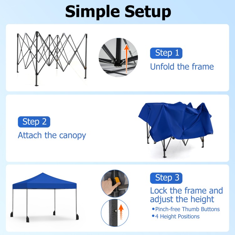 Pop-up canopy tent in blue with adjustable heights, featuring a heavy-duty frame and simple tool-free setup for outdoor.