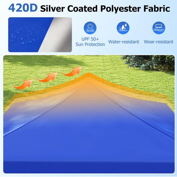 Close-up of 420D silver coated polyester fabric, showcasing water resistance and UPF50+ sun protection for a blue.