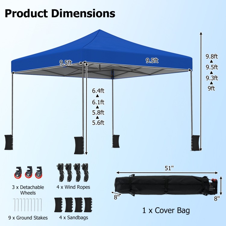 9.5 x 9.5 feet blue pop-up canopy tent with adjustable heights, featuring a heavy-duty frame and UPF50+ sun protection.