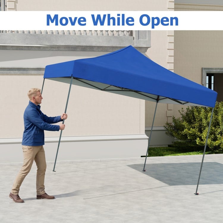 Blue 9.5 x 9.5 feet pop-up canopy tent shown being moved, featuring adjustable heights and sturdy metal frame for.