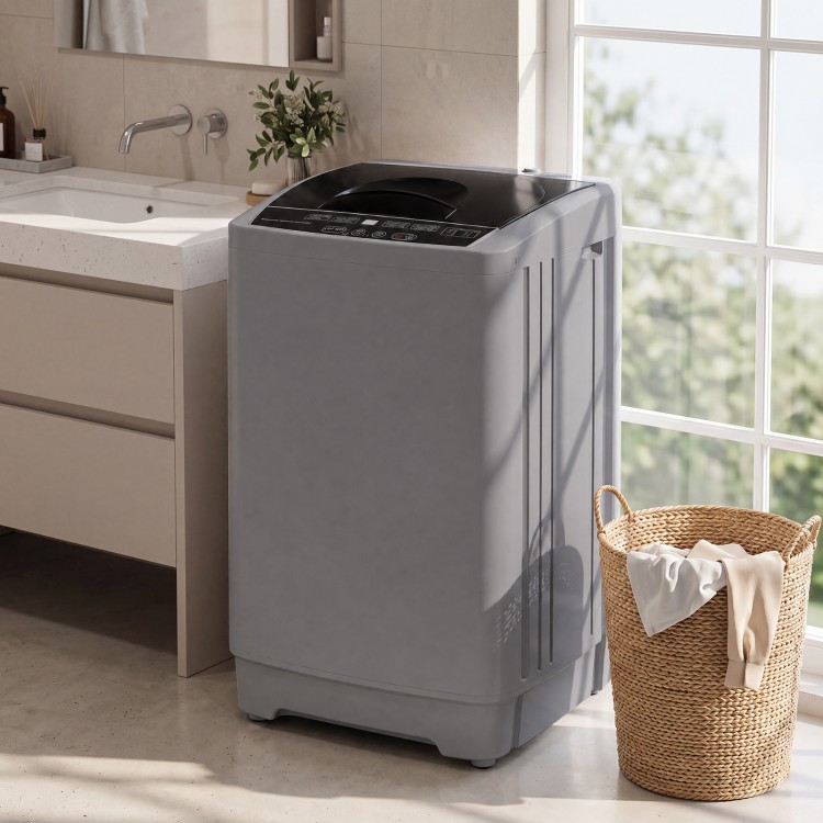 Gray full automatic washing machine with honey-comb stainless steel tub, featuring recessed handles for easy portability.