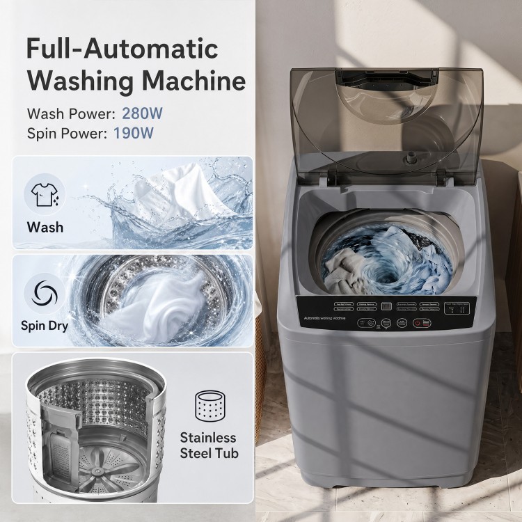 Compact gray full automatic washing machine with stainless steel tub and 8 preset programs for efficient laundry care.