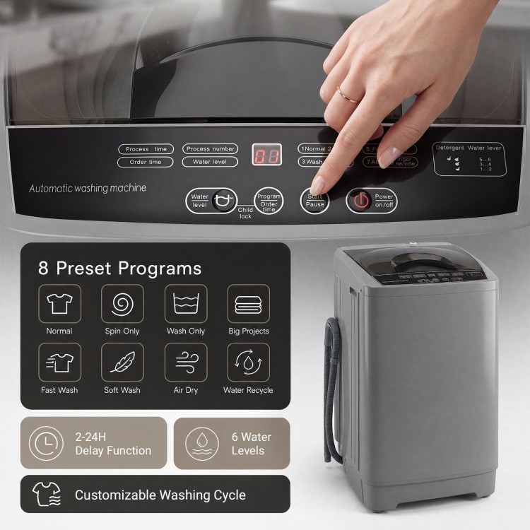 Compact gray 9.93 lbs full automatic washing machine with 8 preset programs and stainless steel tub for efficient laundry.