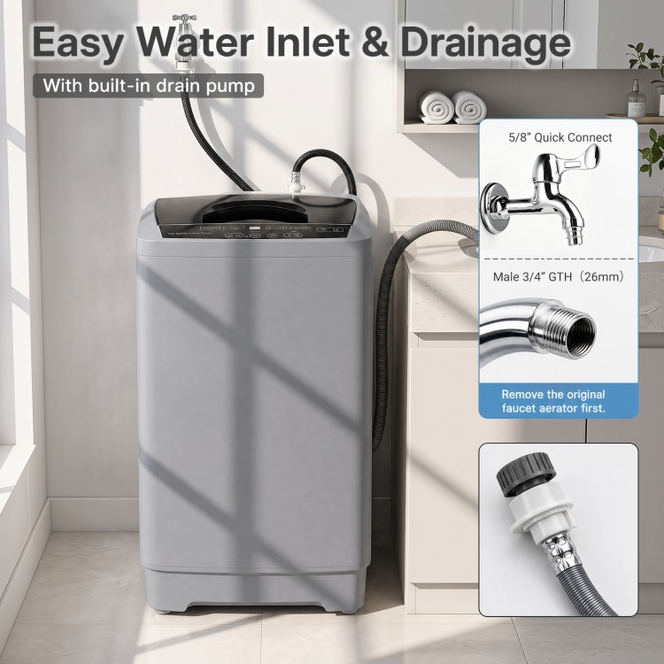 Full automatic washing machine in gray with stainless steel tub, featuring easy water inlet and 8 preset programs for versatile laundry.