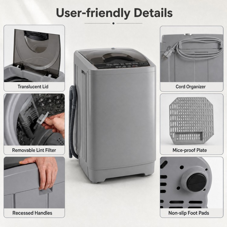 Compact gray full automatic washing machine with stainless steel tub, featuring 8 preset programs for versatile laundry needs.