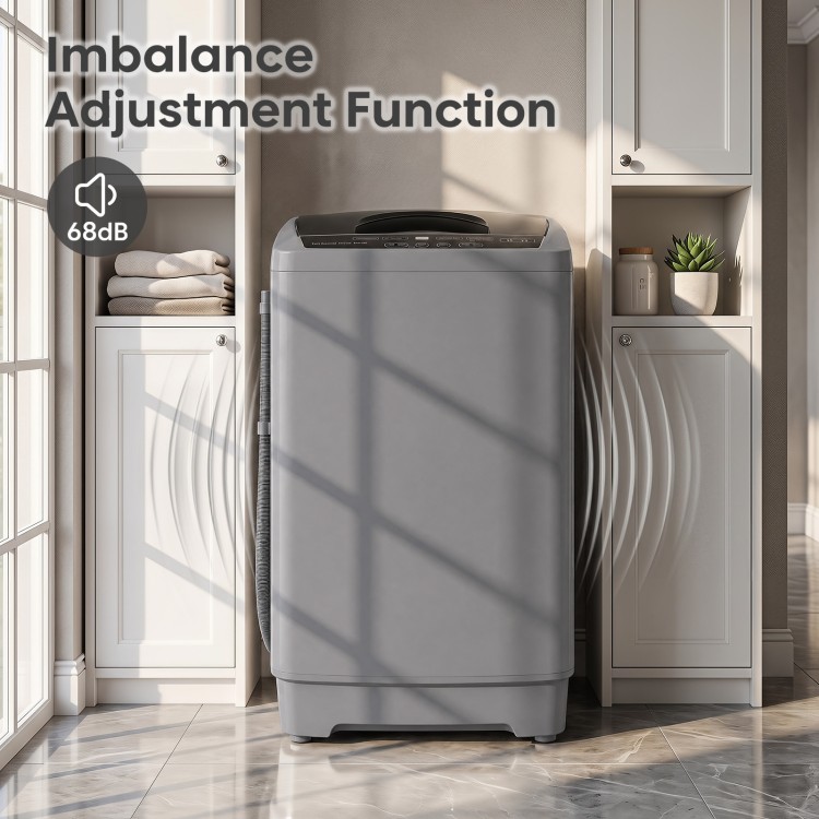 Compact gray full automatic washing machine with stainless steel tub and imbalance adjustment function for quiet operation.