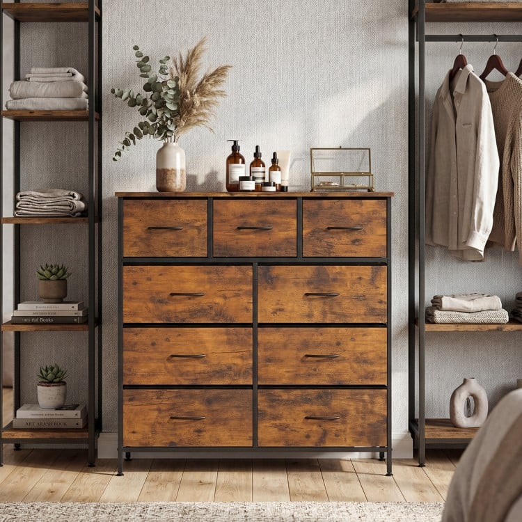 Rustic brown 9-drawer fabric dresser with wooden top, featuring sturdy metal construction for bedroom and living room.